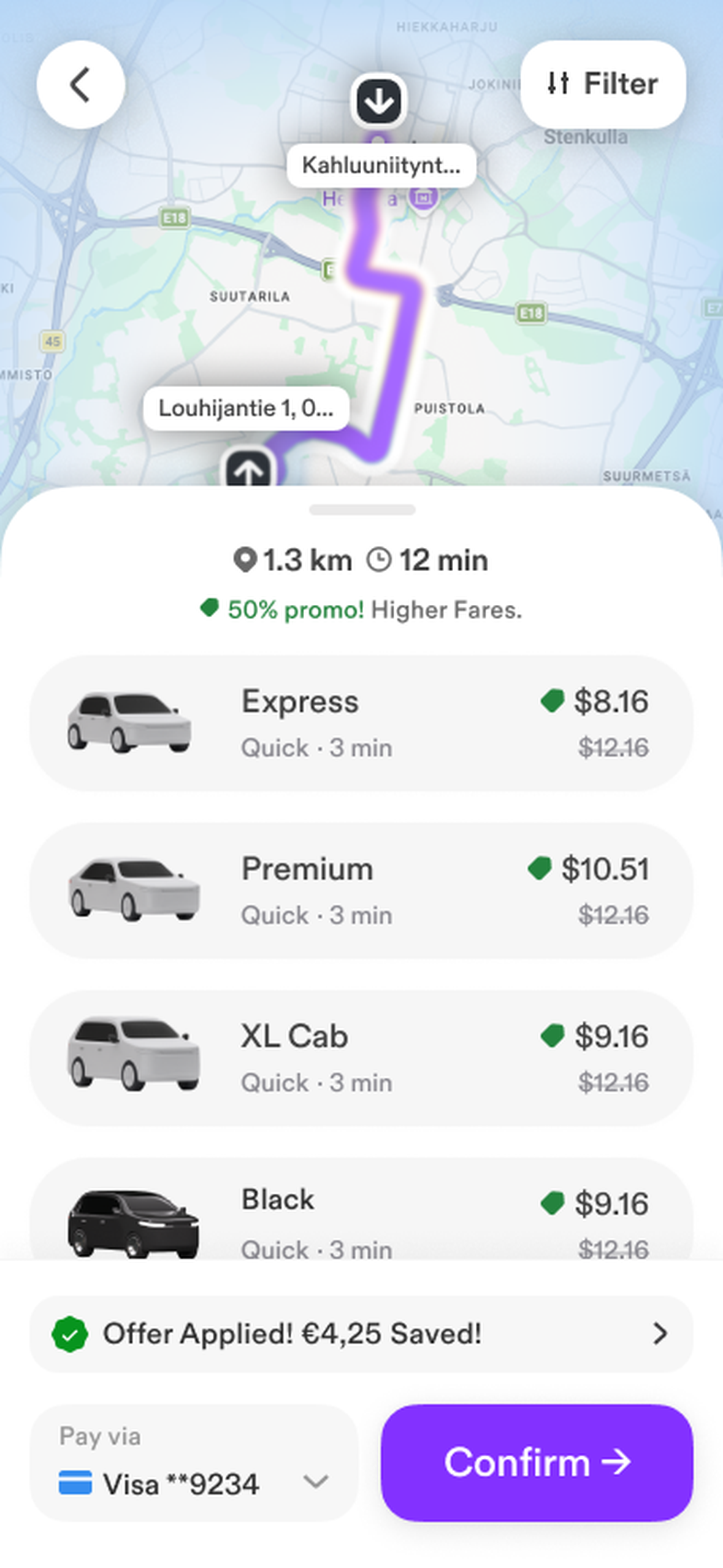 Lynx rider app: ride options with prices