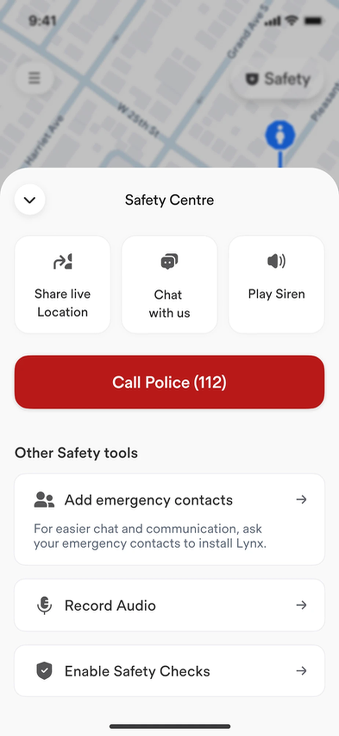 Lynx rider app: Safety Centre with live location sharing and a 112 call button